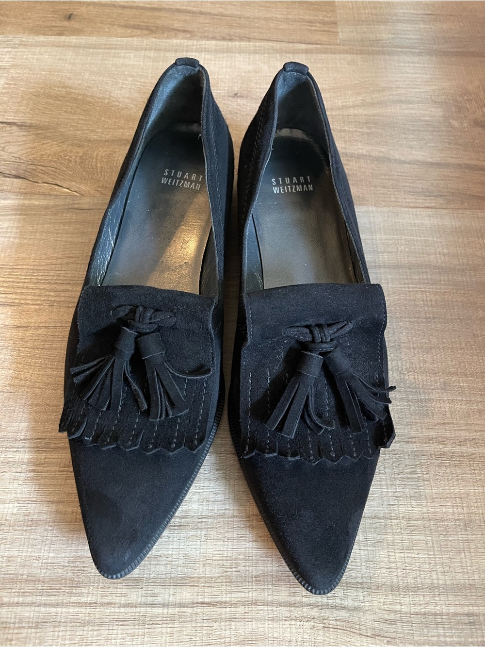 Stuart Weitzman Black Suede Pointed Tassel Loafers